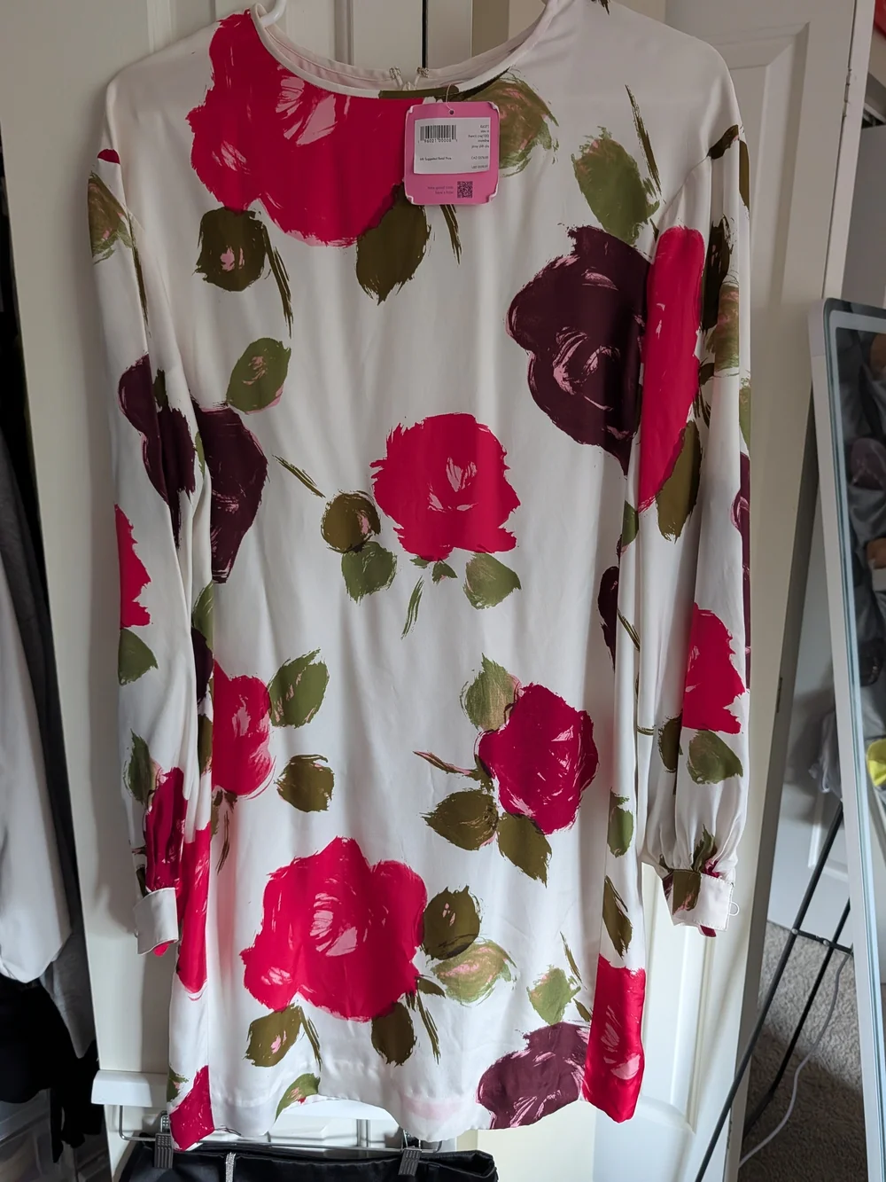 kate spade White Long-Sleeve Floral Shift Dress with Pink & Burgundy Blooms